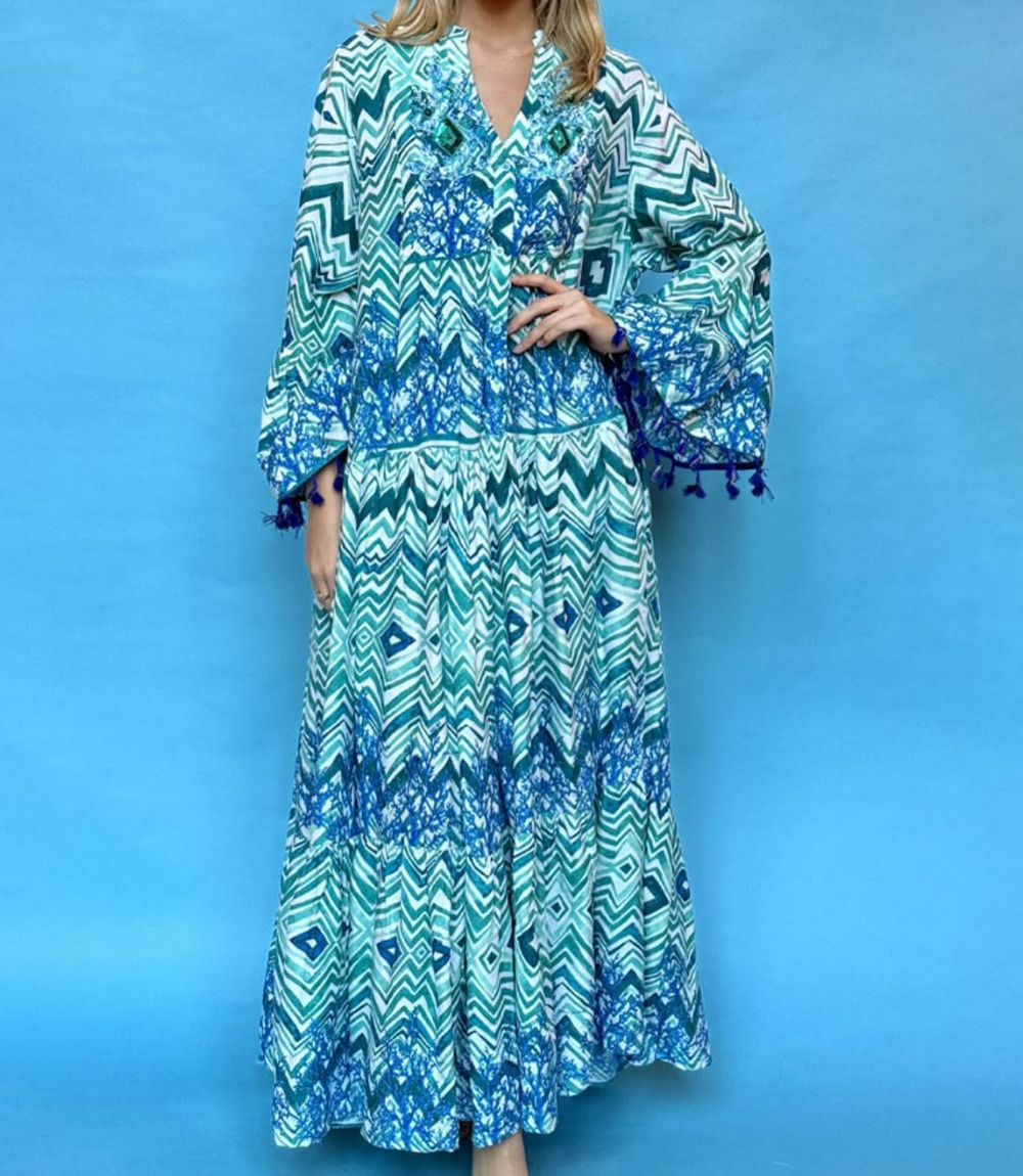 Antica Sartoria Kaftan Maxi Dress One Size Blue Beaded Tassels Tiered Beach Boho